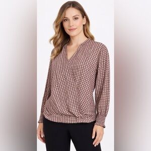 Adrianna Papell Geometric Print Long Sleeve Wrap Blouse Size M NEW